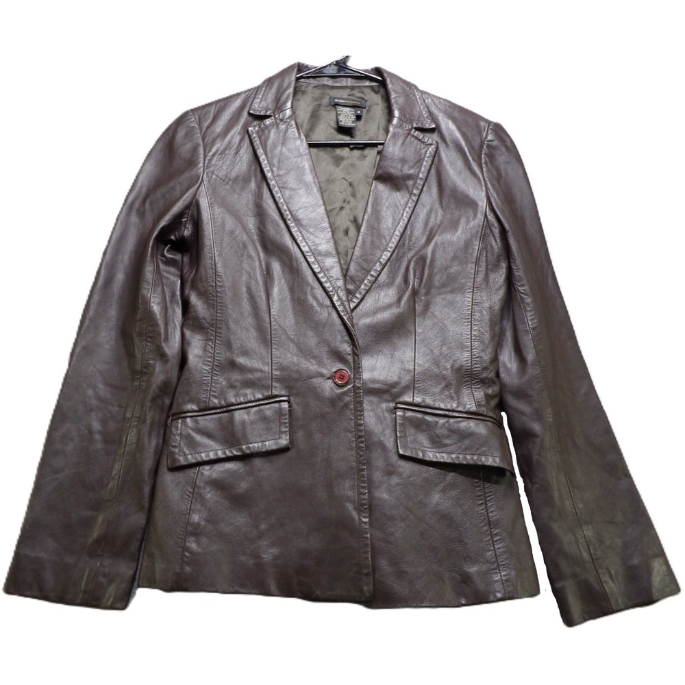 VTG BCBGMAXAZRIA Brown Lambskin Leather Blazer Women 4 Notch Lapel Y2K Coat Soft